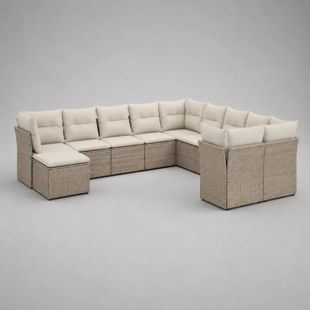 Salon de jardin modulable 10 pièces en résine tressée beige avec coussins écrus composition en U 320 x 280 x 75 cm