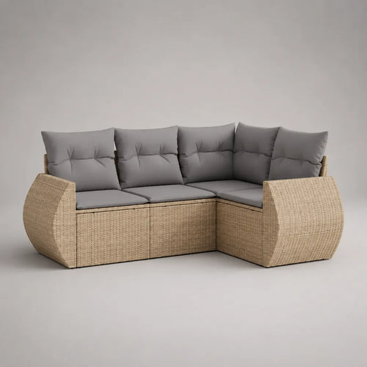 Canapé de jardin d'angle modulable en résine tressée beige avec coussins gris 260x180x75 cm